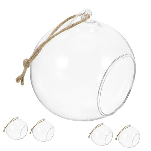BEBEMOKO 5 Piezas Jarrones Colgantes de Cristal Transparentes para Plantas y Portavelas LED Esfera Decorativa con Doble Orificio y Base Plana para Bodas y Fiestas
