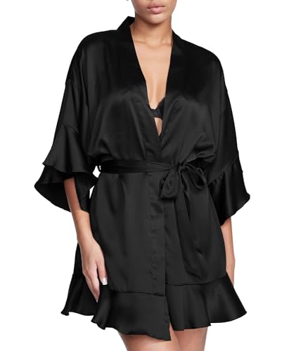 Victoria's Secret Satin Robe, Short Bathrobe, Silk Kimono Lingerie, Nightwear, Women's Sleepwear, Black (XS/S)