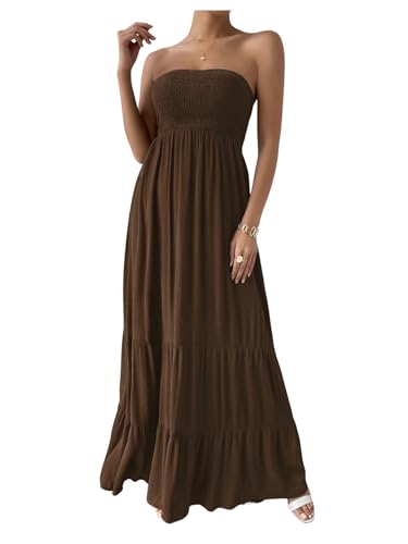 SOLY HUX Women's Strapless Tube Maxi Dress Shirred Sleeveless A Line Ruffle Hem Flowy Long Dresses Sundress3