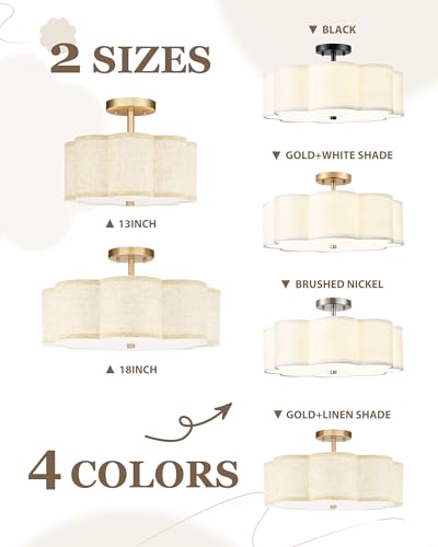 Image of Gold Semi Flush Mount Ceiling Lights, 4-Light 18 inch Brass Light Fixtures Ceiling Mount with Linen Fabric Drum Shade in Flower Shape for Nursery Bedroom Kitchen Hallway, AD-22009-4SF-GD-B