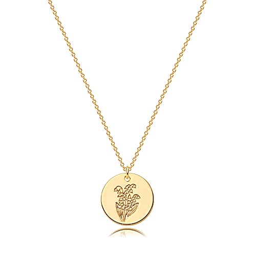 WEARON Birth Month Flower Necklace 14k Gold Plated Dainty Lily Necklace Birth Month Engraved Floral Pendant Necklace Charm Disc Coin Necklaces for Women Personalized Gifts