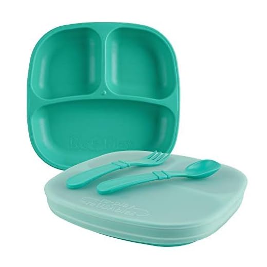 RE-PLAY |Made in USA | 5 Piece Toddler Feeding Set Divided Plate, Silicone Storage Lid, Utensils | Made from Eco-Friendly Recycled Milk Jugs - Virtually Indestructible | Aqua