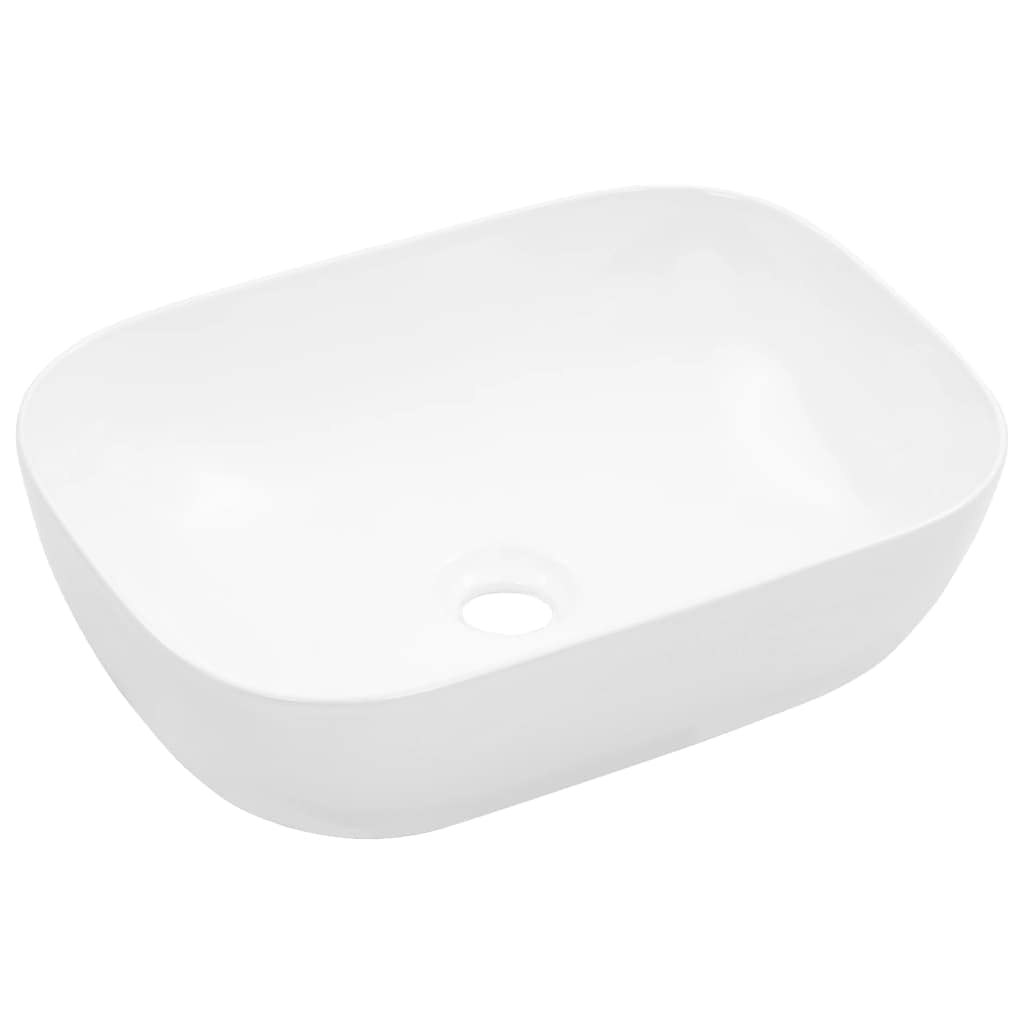 Lavabo de cerámica blanco 45,5 x 32 x 13 cm rectangular para cuarto de baño con desagüe y orificio para grifo, diseño atemporal para invitados y lavabo