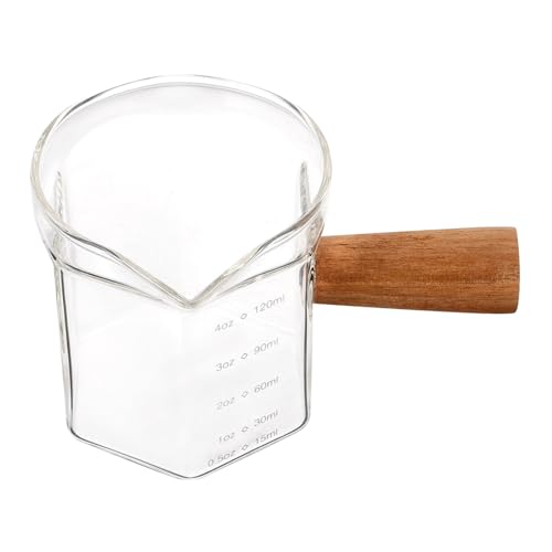 LOORGVEL Glas messbecher mit Skala und Hitzebeständigem Holzgriff Espresso milchkanne für Präzises Abmessen von Kaffee und Sahne Transparentes Kaffeekännchen für Zuhause Zufällige Farbe