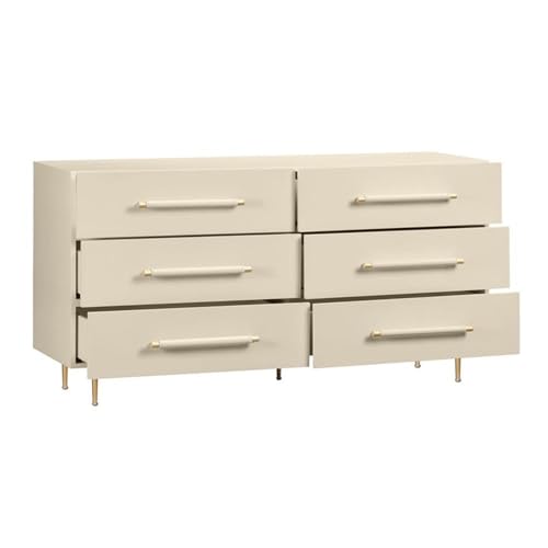 Pemberly Row Handmade Taupe 6-Drawer Dresser, Brass Accents, Vegan Leather-Wrapped Handles, Soft-Close Drawers, 62" W x 19" D x 32.5" H, Modern Contemporary Bedroom Storage Furniture