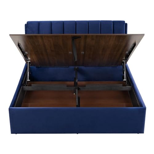 Image of Wakefit Bed | King (78 X 72) Solid Wood Bed, Upholstered, Hydraulic Storage, 3 Year Warranty - Antho - Velvet Blue
