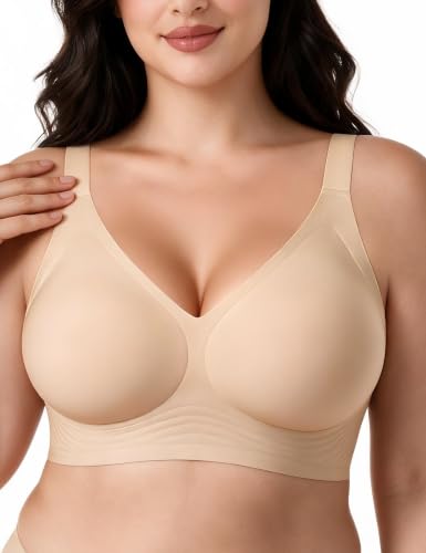 Jelly Bra Seamless Wireless Bra for Women No Underwire Bras Comfy Deep V | Body and Bra Supportive Comfort Bra Full Coverage Push Up Wireless Bras for Older Women with Support and Lift (Beige Small)