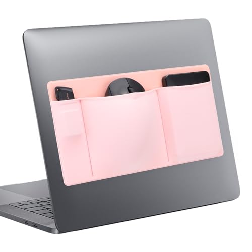 Realand 3-Pocket Laptop Pouch for Mouse & Hard Drive, Adhesive Holder Case Elastic Sleeve Pocket for External Portable SSD, Phone, USB Cable, Pen, Pink