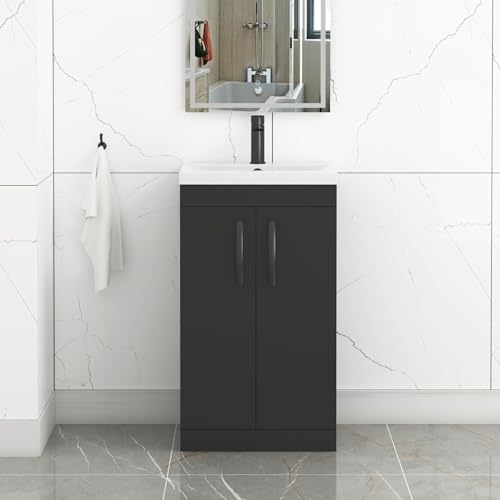 Royal Bathrooms Turin 500mm Matte Black 2 Door Floor Standing Vanity Unit with Mid-Edge Basin & Matte Black Handle