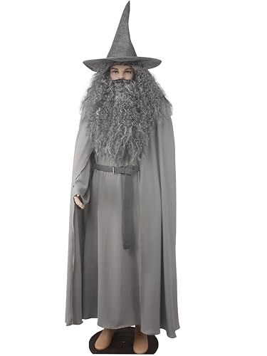 Univafeli Grey Wizard Costume for Adult Medieval Pilgrim Cosplay Outfit with Hat Robe Cloak Wig Beard for Halloween LARP S