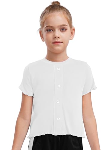 Lettuce Hem Girls Casual Top Solid Color Short Sleeve Round Neck Button Decor for Outdoor Daily Wear