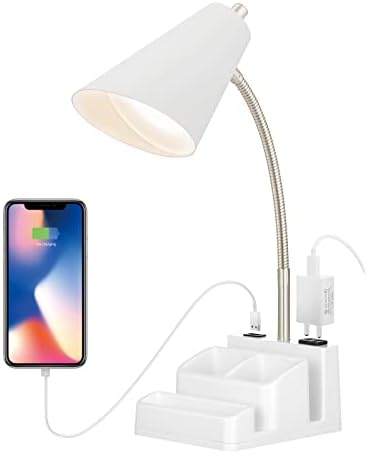 THOVAS LED Desk Lamp with 1 USB Charging Port and 1 AC Outlet, Organizer Base, Adjustable Neck, On/Off Switch, Modern Table Lamp for Reading, Working, Studying, Gentle Warm White Light, Eye Protect
