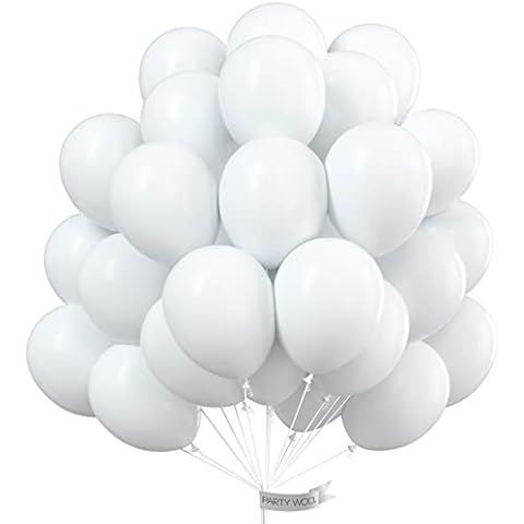 PartyWoo White Balloons, 50 pcs 10 inch Latex Balloons with 20m Ribbon, Matte Balloons, White Party Balloons, Birthday Balloons for Birthday Party, Baby Shower Decorations, Wedding Decorations Cover