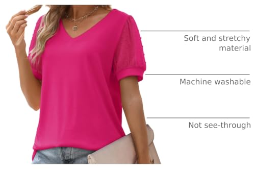 Image of Aokosor Womens Summer Tops V Neck T Shirts Swiss Dot Puff Sleeve Tops Loose Casual Tshirts