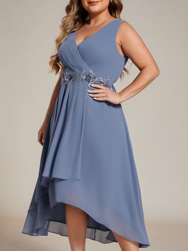 Image of Ever-Pretty Plus Women's V Neck Applique Chiffon Pleated Sleeveless Midi Plus Size Cocktail Party Dresses