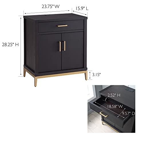 Image of Leick Home Julien Nightstand Side Table One Drawer and Lower Cabinet Modern - Fast Charging Station - Durable Solid Wood - Living Room, Bedroom, Office, Black with Gold Trim, 9079-BLKGD