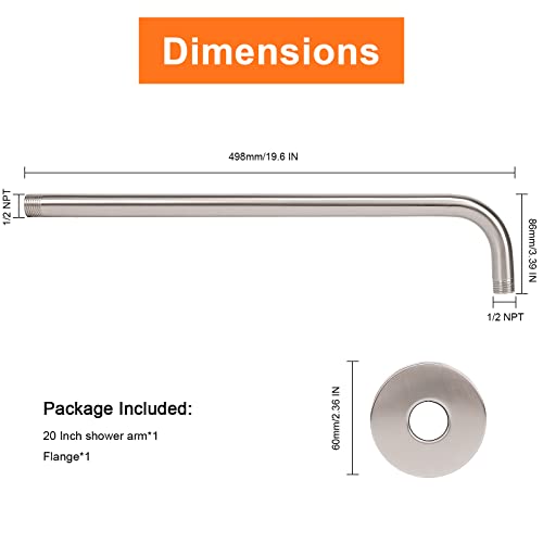 Harjue Shower Arm With Flange And Teflon Tape, Wall Mounted Shower Pipe Arm 304 Stainless Steel Extension Arm For Fixed Shower Head & Handheld Showerhead (20 Inch, Brushed Nickel) #TOP1