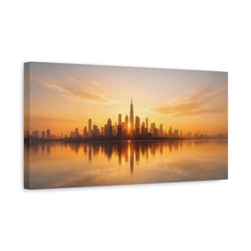 Tableau skyline sur toile 50x25 cm avec reflets dorés et châssis 3 cm