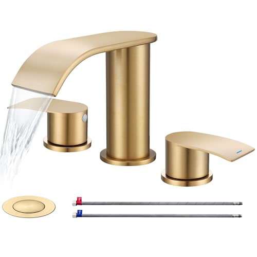 Ultimate Unicorn 8 inch Bathroom Faucet Champagne Bronze Waterfall Bathroom Sink Faucet with Metal Pop-up Sink Drain Stopper and 2 Supply Hoses DJS-MP-3JT-CG-PB-C