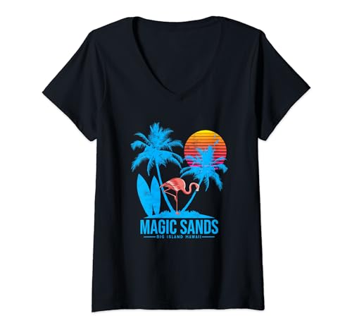 Vacanze hawaiane in famiglia Abiti coordinati per viaggio di vacanza, svago e viaggio di relax. Gente del posto e nativi hawaiani, residenti alle Hawaii. Stile retrò con Flamingo sul tramonto e palme. Tavole da surf longboard che surfano i barboni del sole