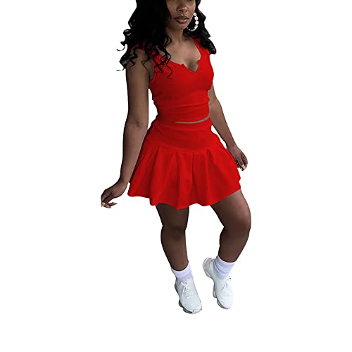 Tennis Skirts For Women 2 Piece Outfits Sets Skorts Skirts For Women Sleeveless Tank Crop Top Pleated Mini Skirt Golf Athletic Clubwear #TOP1