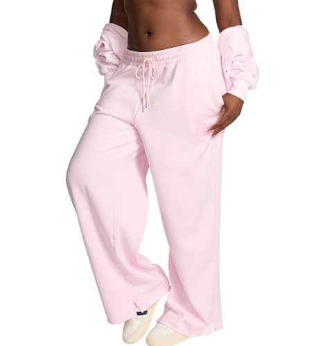 Victoria's Secret Women's Pink Campus Fleece Wide-Leg Split-Hem Sweatpants, Pink Tulip, (L)