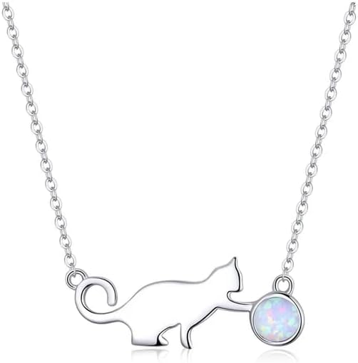 925 Sterling Silver Cat Playing Ball Pendant Necklace Opal Link Chain for Women Jewelry SSS-0218