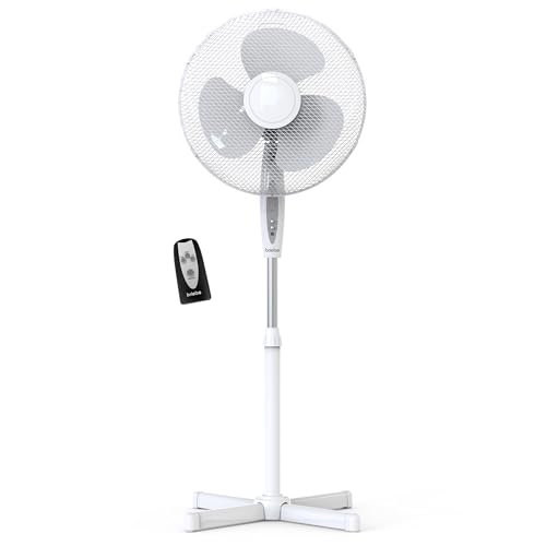 briebe Ventilador de Pie Silencioso con Mando a Distancia, 40cm, Temporizador, Oscilante, 3 Modos Funcionamiento, 3 velocidades, Regulable Altura 125cm (Blanco)