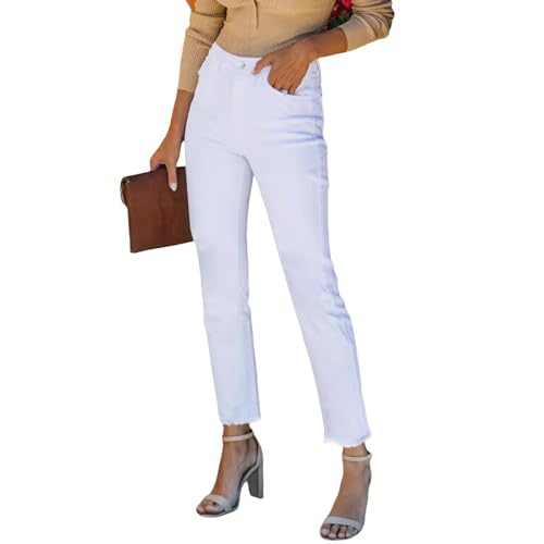 Jeans Pants Trouser Denim White Fringed Elastic Temperament Commuting Denim Straight Leg Pants