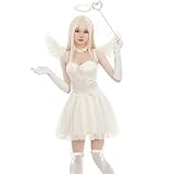 [DECEED] 7点セット 天使 コスプレ 衣装 レディース エンジェル ハロウィン 仮装 可愛い ワンピース 天使 黒いコスプレ 大人（ホワイト、Lサイズ）