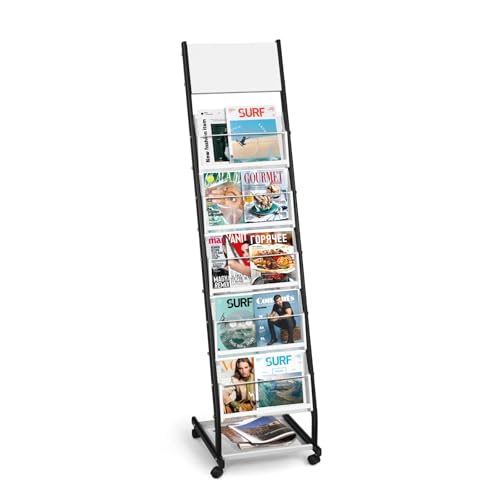 SUNDOY 5-agig Zeitschriftenständer mit Rädern – Bodenstehender Prospektständer & Kataloghalter, Rollbarer Zeitschriftenhalter für Büro, Messen & Zuhause (32,5 cm breit)