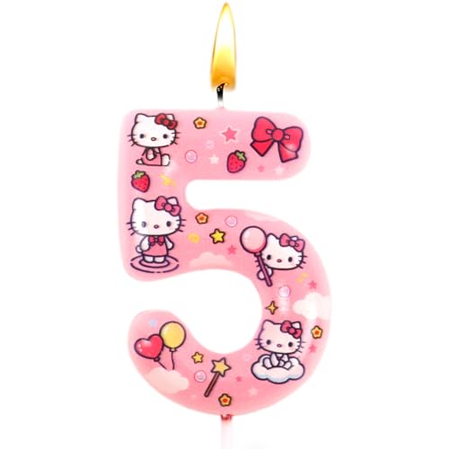 Bougie Anniversaire Kitty, Bougie Numéro 5, Décoration Kitty, Rose, Style Dessin Animé, Convient pour la Décoration Anniversaire et de Thème