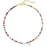 MODERN ASIR Colorful Initial Cute Necklaces for - Trendy Beaded Choker Necklace for Women Teen, Handmade Letter Choker Necklace Jewelry for Women Gifts(kolye gold karisik S)