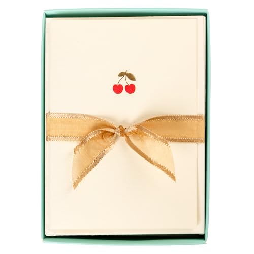 Image of Graphique Cherries Cards, Pack of 10 Cards with Envelopes, All Occasion Greetings, Blank Inside, Gold Foil Embossing, La Petite Press Collection Boxed Set, 3.25 inch x 4.75 inch