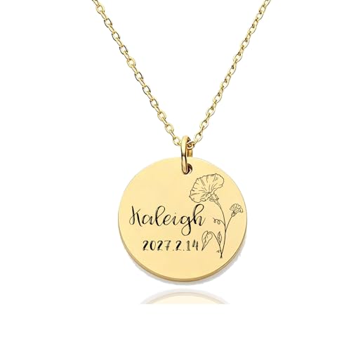 HUAN XUN Custom Birth Month Flower Kaleigh Necklace for Women 18K Gold Plated Stainless Steel Engraved Nameplate Necklace Personalized Floral Disc Pendant Adjustable Chain Jewelry Gifts for Mother