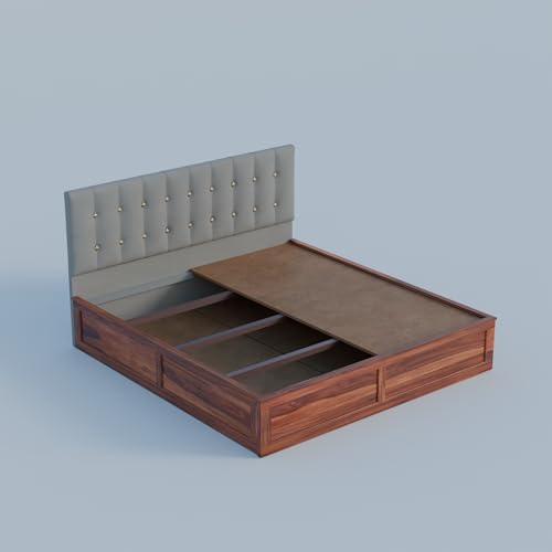 Image of Sheesham Wood Queen Size Bed with Storage Box | Upholstered Beds | Platform Cot with Cushioned Headboard | Double Bed for Home | Recommended Mattress 78x60 Inch | Grey & Honey Finish
