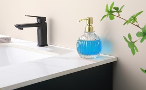 Image of Round Bathroom Soap Dispenser Gold Pump, Glass Bottle with Stainless Steel Pump Liquid Soap Dispenser Sphere Counterto Hand Kitchen