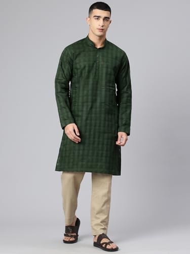 Image of Majestic Man Men's Pure Cotton Textured Check Mandarin Collar Long Kurta