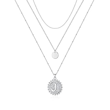 AMAZON - Silver Layered Initial Necklaces for Women, 14K White Gold Plated Dainty Layering Disc Choker Necklace Handmade Coin Letter J Initial Necklace Layered Silver Necklaces for Women Jewelry Gifts (J)