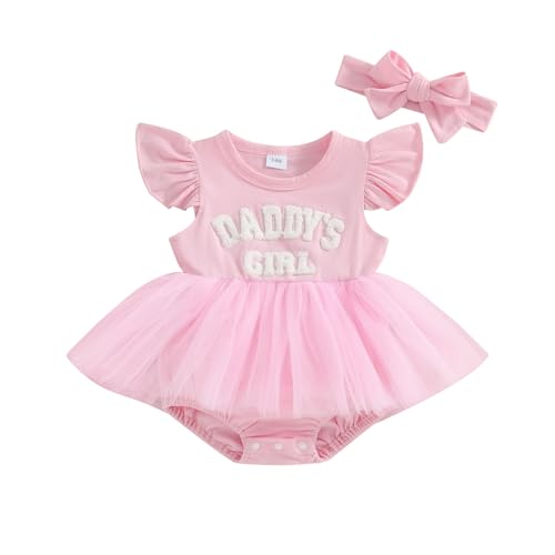 Image of Daddys Girl Newborn Baby Girls Romper Dress Ruffle Sleeve Letter Printed Lace Tutu Skirted Cute Summer Clothes