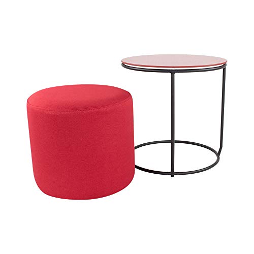 MOG CASA - Banco Moderno Jasper con Mesilla de Noche, Centro, Auxiliar #6 - Tablero de Cristal Templado Ø 40 cm Rojo - Estructura de Metal Negro - Puf con Tejido de Lino Ø 35 cm Rojo