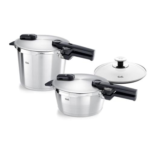 Fissler Vitaquick Premium/Schnellkochtopf-Set, 2-teilig (2 Schnellkochtöpfe mit Metalldeckel 3,5 L + 6 Liter,1 Zusatz-Glasdeckel) – Induktion