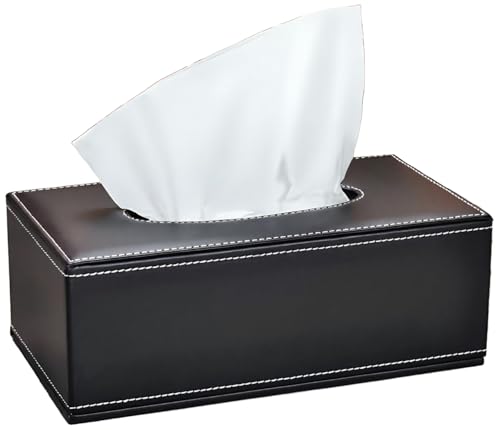 Black PU Leather Tissue Box Cover for Short 3.1-inch Tall Tissue Boxes - Facial Tissue Holder Case for Home, Office, Car
