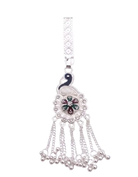 Silver Peacock Kamarbandh for Women, Enamel Floral Design with Dangling Chains and Beads-image-2