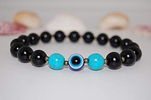 Precious-GEMS Jewelry Hamsa Bracelet,Evil Eye Bracelet,Black Stone 10mm Beads,Elastic Bracelet,Evil Eye,Stretch Bracelet,Men,Women,Pray,Protection,Onyx Bracelet