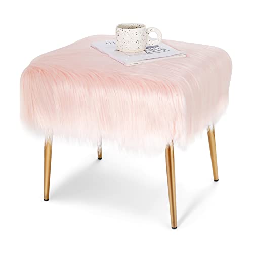LIFEZEAL Taburete de tocador, Silla de Maquillaje de Piel sintética monderno Acolchado, Banco de Cama para Dormitorio, Pasillo, con Patas de Metal Dorado (51 x 41cm, Rosa)