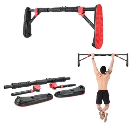 Image of LUVINA Pull Up Bars Wall Mounted Workout for Home, Length Adjustable Without Screw Anti-skid Grip Hanging Bar Rod Exercise Bar, Push-Ups, Sit-Ups, Stretching, and Height Increase Hanging Bar (Black + Red, 70cm - 90cm)