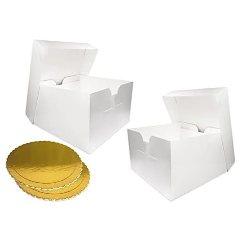 Pack of 2 White cake boxes with golden cake boards - 10inch sturdy cake box with removable lid - large cake boxes for transporting cakes, pies, Muffins, and Donuts safely from dust and moisture Cover