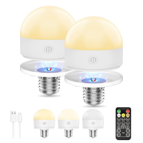 Suright 2 piezas Bombilla Recargable con Control Remoto, E27 3 Colores Regulable Bombilla Recargable, Bombilla de Batería Extraíble con Batería y Tiempo para Lámparas de Decoración No Alámbricas