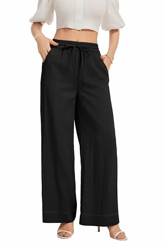 Image of KICZOY Women Flowy Pants Drawstring Waist Wide Leg Palazzo Beach Pants Loose Fit with Pockets
